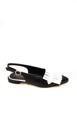 Zapato Pertini abierto talon flecos negro y blanco